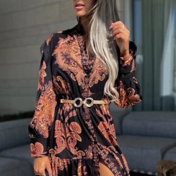 🌺 PAISLEY DRESS LONG SLEEVE MAXI BUTTON DOWN OPENS UP CHIC CLASSY RUFFLE AYBA - Picture 3 of 6